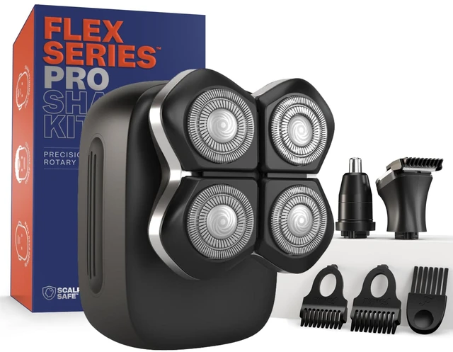Main image of FlexSeries Pro Head & Body Shaver for Men, IPX7 Electric Razor Kit | 4 ScalpSafe rotary heads, adaptive motor, IPX7 waterproof, 90-minute cordless runtime, USB charging, clipper and nose trimmer