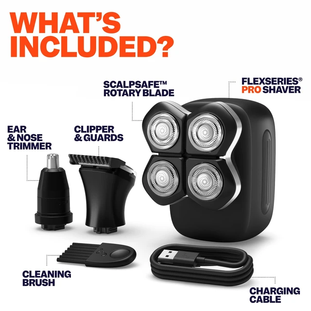 Alt view image 3 of 7 - FlexSeries Pro Head & Body Shaver for Men, IPX7 Electric Razor Kit | 4 ScalpSafe rotary heads, adaptive motor, IPX7 waterproof, 90-minute cordless runtime, USB charging, clipper and nose trimmer