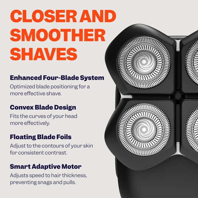 Alt view image 4 of 7 - FlexSeries Pro Head & Body Shaver for Men, IPX7 Electric Razor Kit | 4 ScalpSafe rotary heads, adaptive motor, IPX7 waterproof, 90-minute cordless runtime, USB charging, clipper and nose trimmer