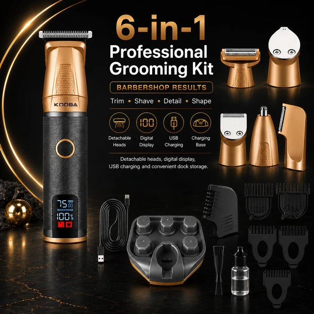Alt view image 2 of 6 - 6-in-1 Magnetic Beard Trimmer for Men with Charging Base | Precision T-Blade, Nose & Ear Grooming, Body Grooming