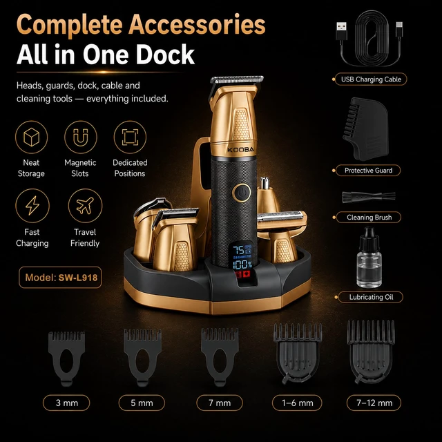 Alt view image 3 of 6 - 6-in-1 Magnetic Beard Trimmer for Men with Charging Base | Precision T-Blade, Nose & Ear Grooming, Body Grooming