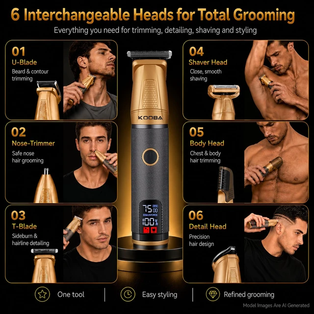 Alt view image 5 of 6 - 6-in-1 Magnetic Beard Trimmer for Men with Charging Base | Precision T-Blade, Nose & Ear Grooming, Body Grooming