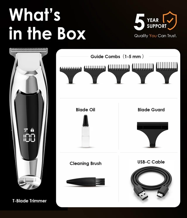 Alt view image 7 of 7 - Hair & Beard Trimmer for Men, Wide T Blade Cordless Liners Clippers | Even Cutting & Precision Edging, Mustache Hairline Sideburns Neckline, Stainless Steel Blade, 7200 RPM, USB-C Rechargeable