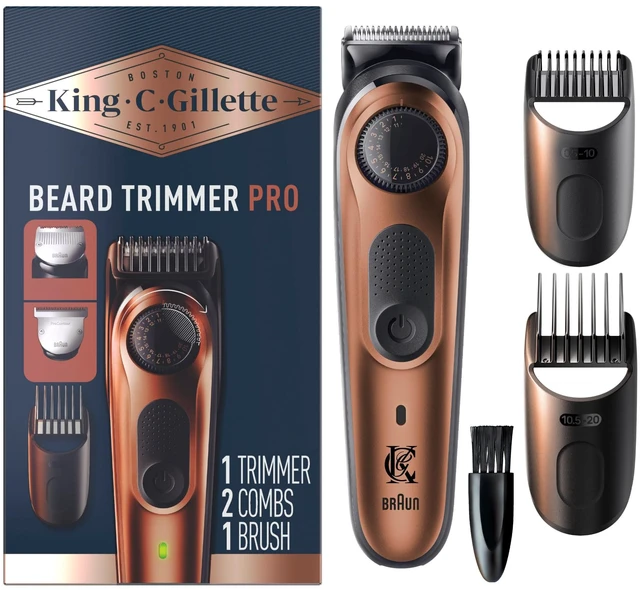 Main image of King C. Gillette Beard Trimmer PRO with 40 beard length settings in precise 0.5mm steps, cordless design & 1 trimmer, 1 brush, 2 combs, 1 charger and 1 T-blade
