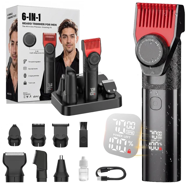 Main image of Beard Trimmer for Men, 6-in-1 Men's Grooming Kit,IPX7 Waterproof Wet/Dry, 2-Speed electric razor for men, Easy-Swap Magnetic Heads, LED Display, 20-Length Dial, 4.5-hour battery life,USB-C,Matte black