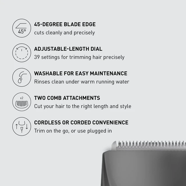Alt view image 2 of 7 - Performance Hair Clippers with 2 Attachments and Adjustable Length Settings, Corded or Cordless Trimmer for Hair and Beard - ER-GC63-H (Silver)