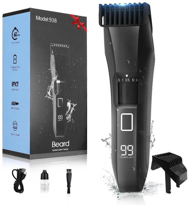 Main image of Men's Beard Trimmer, 20 Length Adjustable, IPX7 Waterproof Clippers | Stainless Steel T-Blade for Precision Facial Hair Trimming, Wet/Dry Groomer, 2 Adjustable Combs, Travel Lock, LED Display