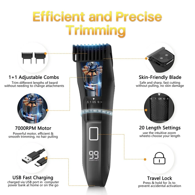 Alt view image 2 of 7 - Men's Beard Trimmer, 20 Length Adjustable, IPX7 Waterproof Clippers | Stainless Steel T-Blade for Precision Facial Hair Trimming, Wet/Dry Groomer, 2 Adjustable Combs, Travel Lock, LED Display