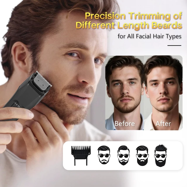 Alt view image 4 of 7 - Men's Beard Trimmer, 20 Length Adjustable, IPX7 Waterproof Clippers | Stainless Steel T-Blade for Precision Facial Hair Trimming, Wet/Dry Groomer, 2 Adjustable Combs, Travel Lock, LED Display