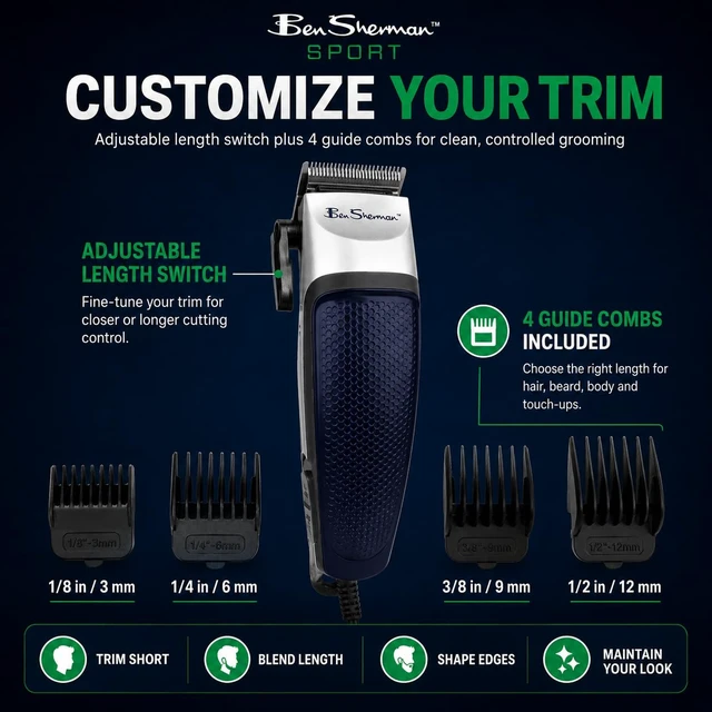 Alt view image 5 of 7 - Sport All-in-One Trimmer for Men, 10 Piece Corded Beard Trimmer for Men, Hair Clippers for Men, Hair Trimmer for Men, Body Groomer for Men with Stainless Steel Blades & Guide Combs