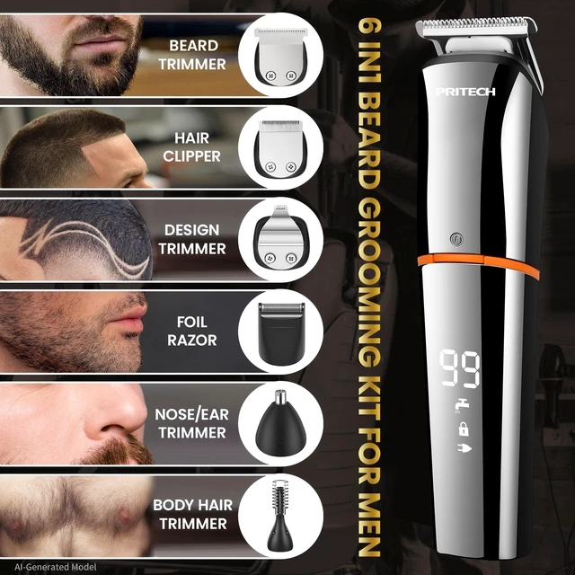 Alt view image 3 of 7 - 6-in-1 Men's Grooming Kit, Cordless Beard Trimmer, Hair, Nose & Ear | IPX6 Wet & Dry, 90min USB Runtime, Travel Lock, LED Display, Stainless Steel Blades, Foil Shaver, Precision Detailer