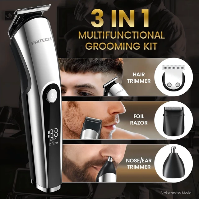 Alt view image 3 of 6 - Cordless Beard Trimmer for Men, 3-in-1 Grooming Kit, USB Charging | for Face, Head & Body, IPX6 Wet/Dry, Rechargeable, Nose & Ear Trimmer, Foil Shaver, Stainless Steel Blades, LED Display