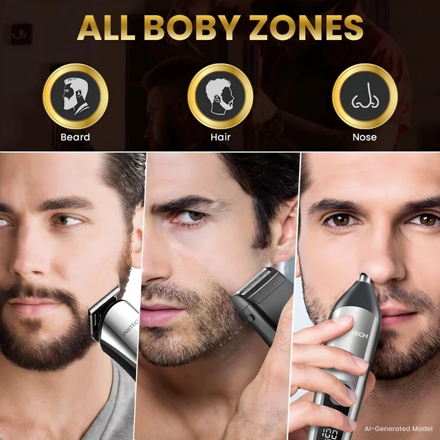 Alt view image 2 of 6 - Cordless Beard Trimmer for Men, 3-in-1 Grooming Kit, USB Charging | for Face, Head & Body, IPX6 Wet/Dry, Rechargeable, Nose & Ear Trimmer, Foil Shaver, Stainless Steel Blades, LED Display
