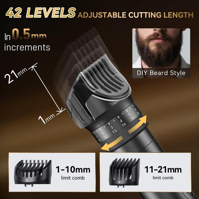 Alt view image 2 of 7 - Beard Trimmer for Men 42 Adjustable Length Settings Hair Clippers | 42 Adjustable Length Settings, Precision Mustache & Nose Trimmer, LED Display, IPX6 Waterproof, 120 Min Runtime