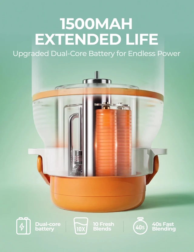 Alt view image 4 of 7 - Licuadora Portatil personal travel blender 34OZ Smoothie Shake Juicer Cup | 80W motor, 10-leaf system crushes ice in 30s. 34oz BPA-free cup with dual lids. 1500mAh battery, safety lock, easy clean.