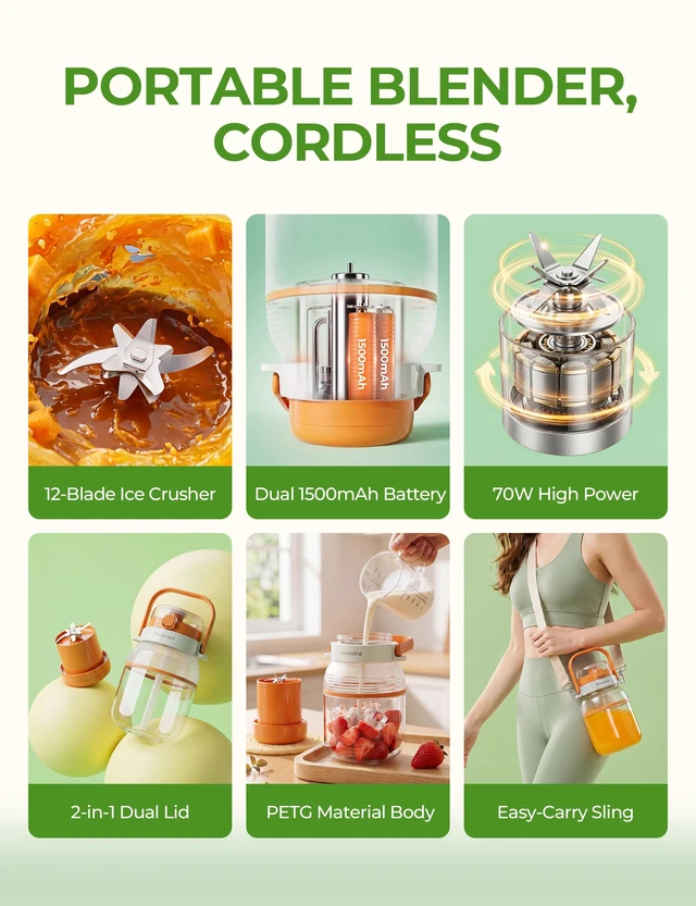 Alt view image 7 of 7 - Licuadora Portatil personal travel blender 34OZ Smoothie Shake Juicer Cup | 80W motor, 10-leaf system crushes ice in 30s. 34oz BPA-free cup with dual lids. 1500mAh battery, safety lock, easy clean.