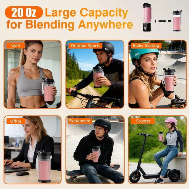 Alt view image 3 of 7 - Portable Personal Size Mini Blender - 20oz Small Blender Make Smoothies | BAP-Free Juice Cup, Leak-proof Travel Lid, Extra-Long 304 Stainless Steel Blades, Freshly Squeezed in Gym/Picnic/Office/Home