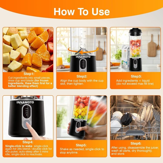 Alt view image 6 of 7 - Portable Personal Size Mini Blender - 20oz Small Blender Make Smoothies | BAP-Free Juice Cup, Leak-proof Travel Lid, Extra-Long 304 Stainless Steel Blades, Freshly Squeezed in Gym/Picnic/Office/Home