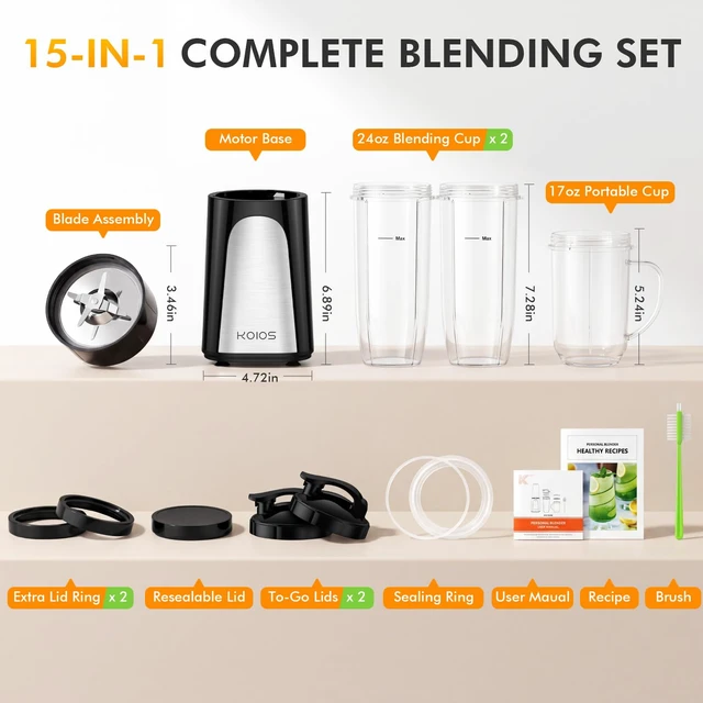 Alt view image 5 of 7 - 1000W Smoothie Blender, 15-in-1 Single Serve Set, Press-Twist Design | Personal Blender & Kitchen Countertop Smoothie Maker with 2x24oz+17oz Cup, Detachable 4-Blade, Frozen Drinks, Protein Shakes