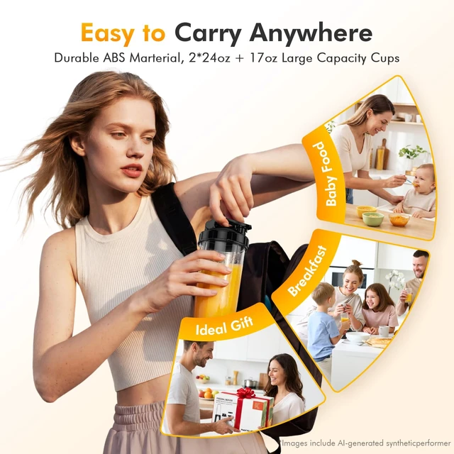 Alt view image 7 of 7 - 1000W Smoothie Blender, 15-in-1 Single Serve Set, Press-Twist Design | Personal Blender & Kitchen Countertop Smoothie Maker with 2x24oz+17oz Cup, Detachable 4-Blade, Frozen Drinks, Protein Shakes