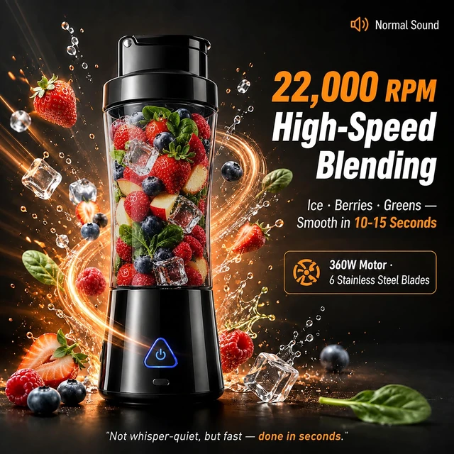 Alt view image 3 of 7 - Portable Blender 24oz, 6000mAh Cordless USB-C Personal Smoothie Blender with 6-Blade 22000RPM, Upgraded Tritan Juicer Protein Shaker Bottle IPX7 Waterproof & Leakproof for Gym Travel Office.