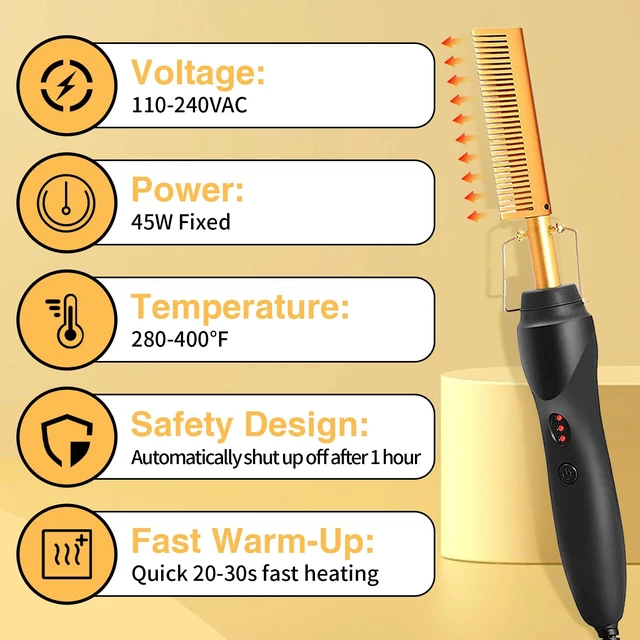 Alt view image 2 of 7 - Hot Comb Hair Straightening Brush with Adjustable Settings, Fast Heating for Wigs and Black Hair, Professional Anti-Scald, Auto Shut-Off