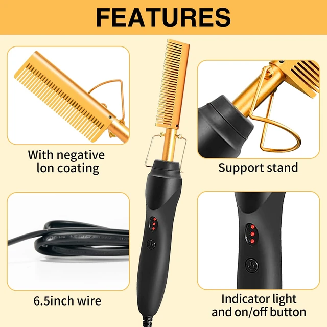 Alt view image 3 of 7 - Hot Comb Hair Straightening Brush with Adjustable Settings, Fast Heating for Wigs and Black Hair, Professional Anti-Scald, Auto Shut-Off