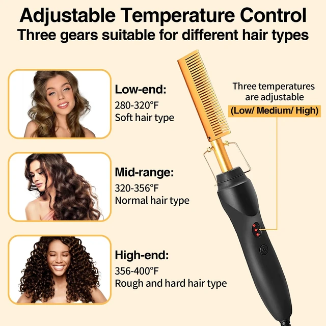 Alt view image 5 of 7 - Hot Comb Hair Straightening Brush with Adjustable Settings, Fast Heating for Wigs and Black Hair, Professional Anti-Scald, Auto Shut-Off