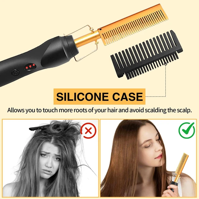 Alt view image 4 of 7 - Hot Comb Hair Straightening Brush with Adjustable Settings, Fast Heating for Wigs and Black Hair, Professional Anti-Scald, Auto Shut-Off