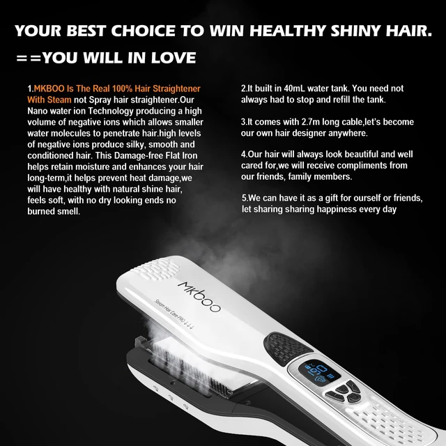 Alt view image 3 of 7 - Hair Straightener with Steam, Salon Professional Nano Titanium Ceramic Steam Flat Iron with Removable Comb+Digital LCD+5 Level Adjustable Temperature+Auto Temperature Lock Black