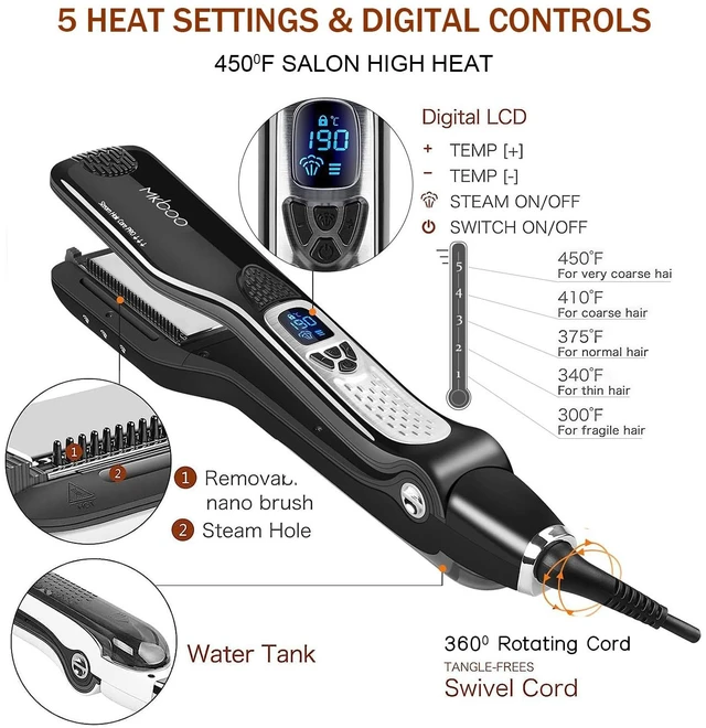 Alt view image 5 of 7 - Hair Straightener with Steam, Salon Professional Nano Titanium Ceramic Steam Flat Iron with Removable Comb+Digital LCD+5 Level Adjustable Temperature+Auto Temperature Lock Black