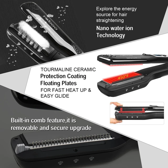 Alt view image 6 of 7 - Hair Straightener with Steam, Salon Professional Nano Titanium Ceramic Steam Flat Iron with Removable Comb+Digital LCD+5 Level Adjustable Temperature+Auto Temperature Lock Black