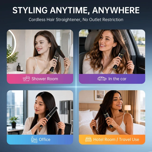 Alt view image 4 of 7 - Cordless Hair Straightener Brush, Negative Ionic Hot Comb for Women Travel | 2026 Upgraded, MCH Ceramic Heating, Anti-Scald, Dual Voltage, 4000mAh Battery, 60 Min Runtime, Portable Flat Iron Mini Pro
