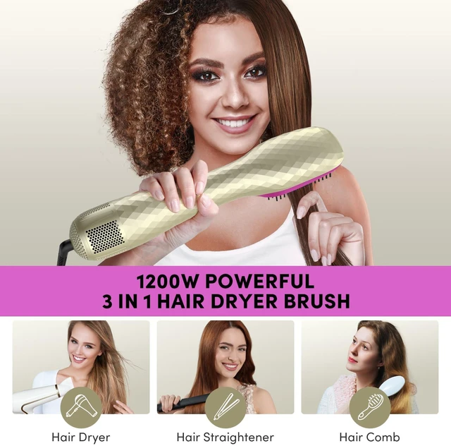 Alt view image 5 of 7 - 3 in 1 Hair Dryer Brush Straightener 1200W Negative Ionic Hot Air Brush One Step Blow Dryer and Styler for Straightening Drying Smoothing (Champagne Gold)