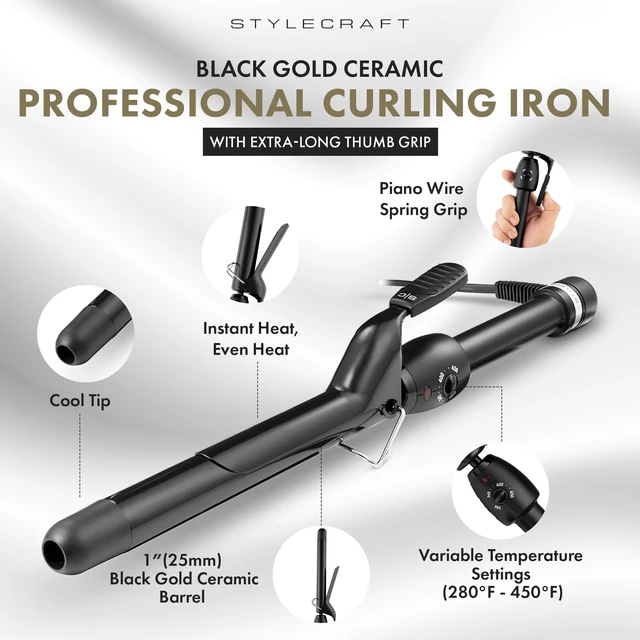 Alt view image 2 of 7 - Stay-Temp Black Gold Ceramic 1 Curling Iron for All Hair Types | Professional Hair Curler with Infinite Temperature Control (280°F-450°F), Ideal for All Hair Types and Textures