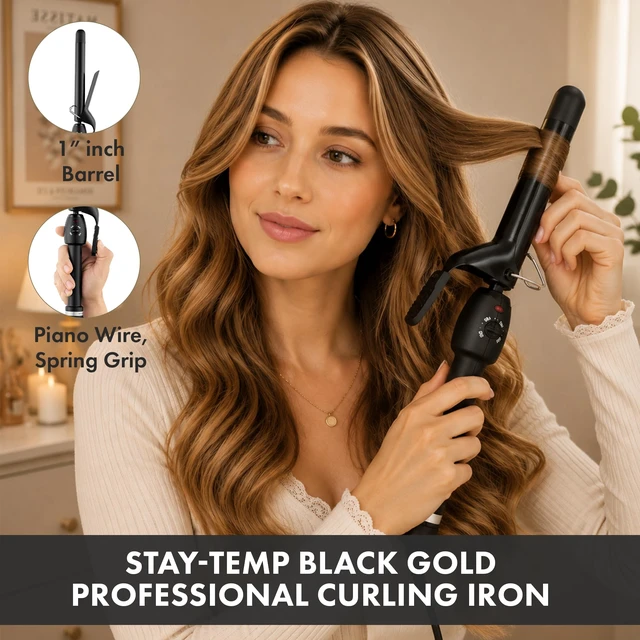 Alt view image 5 of 7 - Stay-Temp Black Gold Ceramic 1 Curling Iron for All Hair Types | Professional Hair Curler with Infinite Temperature Control (280°F-450°F), Ideal for All Hair Types and Textures