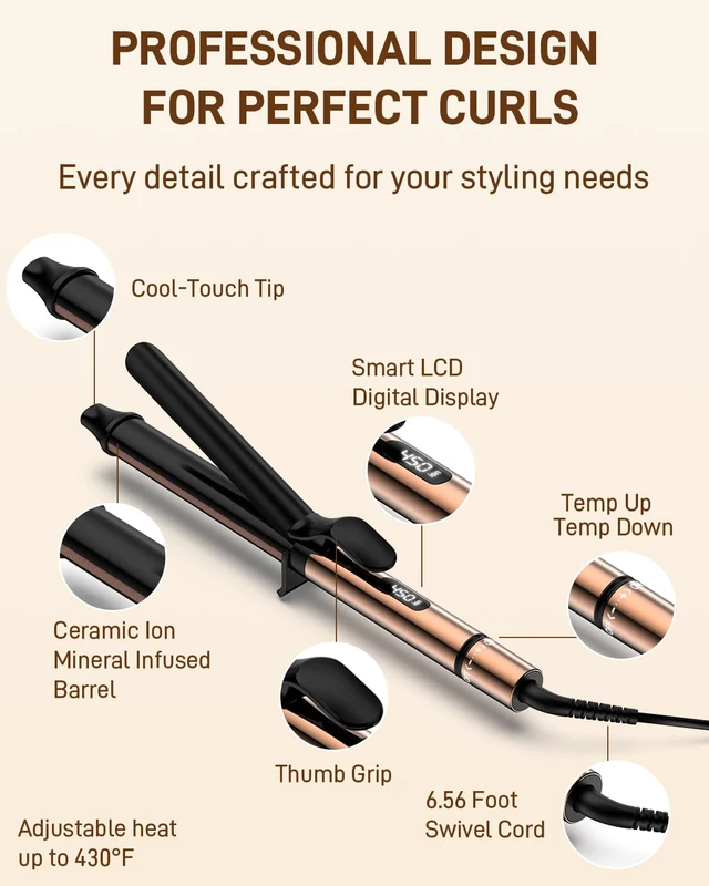 Alt view image 5 of 7 - 1 Inch Curling Iron for Long Hair - Dual Voltage Curling Iron | Ceramic Tourmaline Professional Curling Iron, Dual Voltage Travel Wand with Heat Mat & Glove