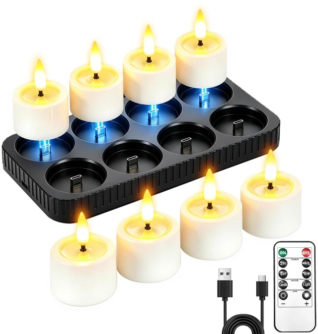 Main image of 8 Pack Rechargeable Tea Lights Candles with Charging Base and Remote Timer | 1.5"x2" Small Flameless Candles Battery Operated, Electric Votive Candles for Halloween Wedding Party Table Home Decor
