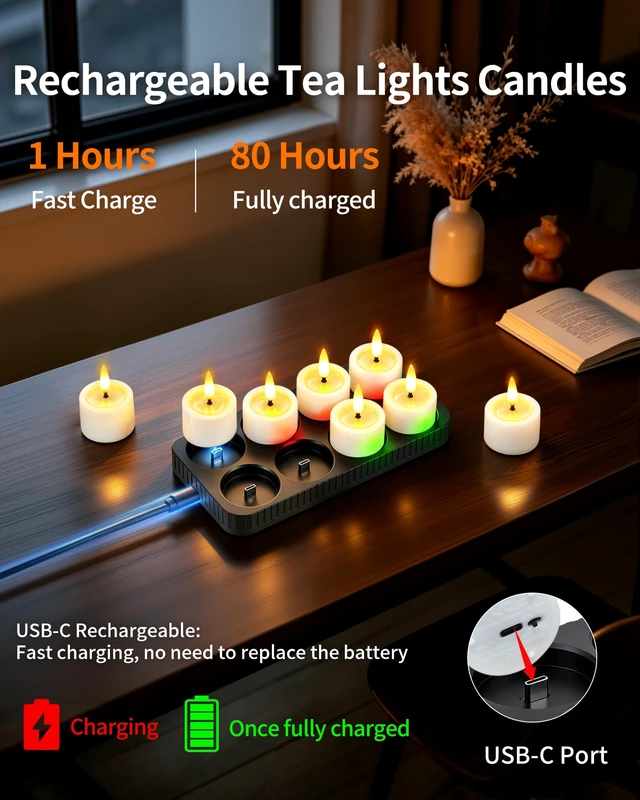 Alt view image 2 of 7 - 8 Pack Rechargeable Tea Lights Candles with Charging Base and Remote Timer | 1.5"x2" Small Flameless Candles Battery Operated, Electric Votive Candles for Halloween Wedding Party Table Home Decor