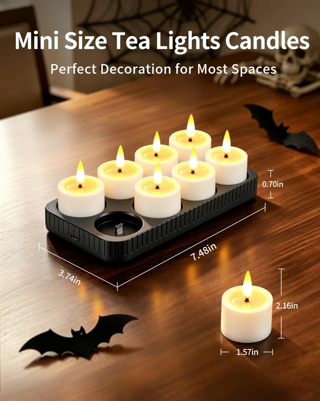 Alt view image 3 of 7 - 8 Pack Rechargeable Tea Lights Candles with Charging Base and Remote Timer | 1.5"x2" Small Flameless Candles Battery Operated, Electric Votive Candles for Halloween Wedding Party Table Home Decor