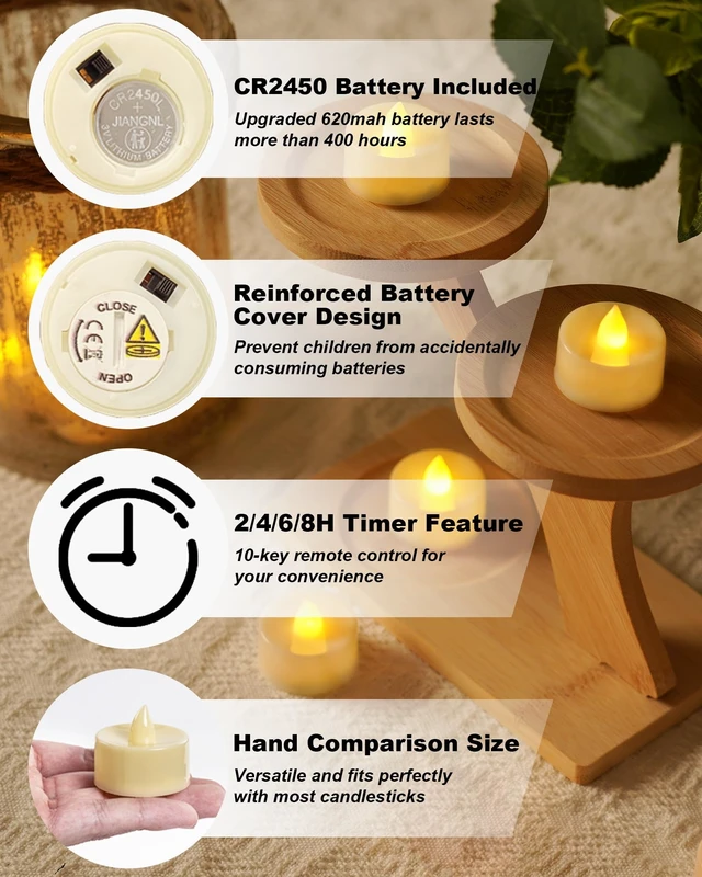 Alt view image 3 of 7 - 12Pcs Flameless LED Tea Lights with Remote & Timer,Ivory Base,400Hrs | Flickering TeaLights Candles Battery Operated, Realistic Votive Candles for Halloween Tabletop Home Decor, Warm White Glow