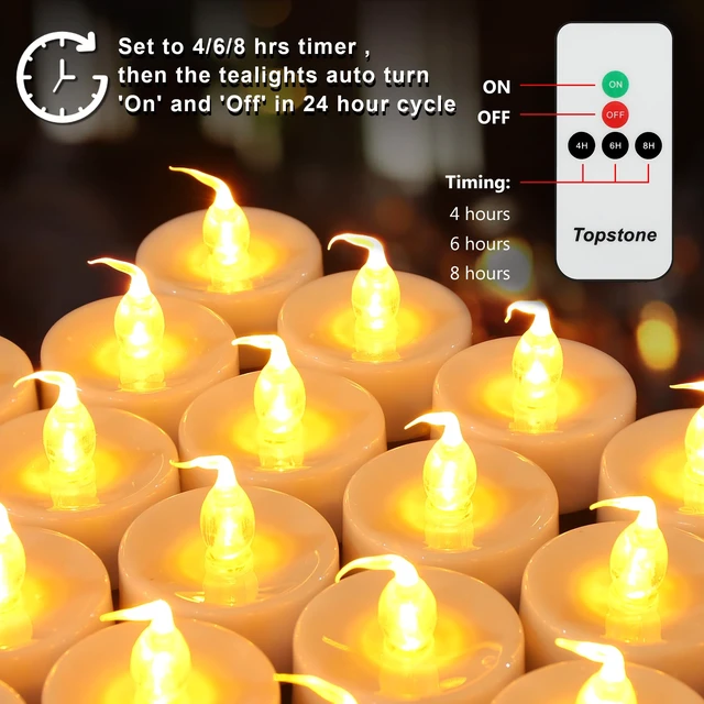 Alt view image 4 of 7 - CR2450 Battery Operated Flickering Flameless Candles with Warm Yellow Light,Remote Control Timer Votives,Decorative LED Tealights,Best for Wedding and Festival Decoration,Pack of 12