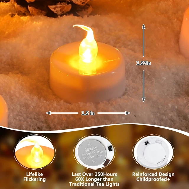 Alt view image 5 of 7 - CR2450 Battery Operated Flickering Flameless Candles with Warm Yellow Light,Remote Control Timer Votives,Decorative LED Tealights,Best for Wedding and Festival Decoration,Pack of 12