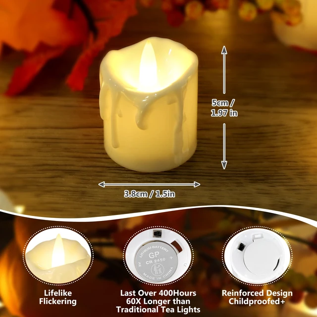 Alt view image 3 of 7 - Flickering Flameless LED Tea Lights, Dimmable Battery Operated Fake Candles with Dual Remotes, Steady & Flicker Modes, 12 Pack Bulk for Christmas Halloween Holiday Decor
