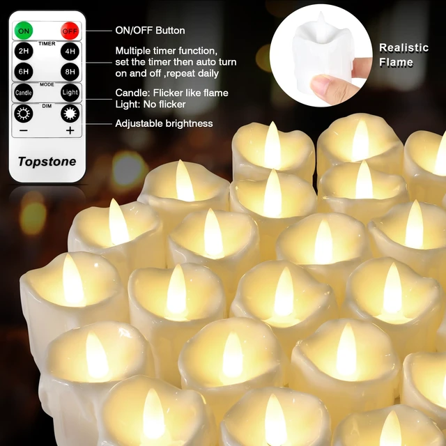 Alt view image 2 of 7 - Flickering Flameless LED Tea Lights, Dimmable Battery Operated Fake Candles with Dual Remotes, Steady & Flicker Modes, 12 Pack Bulk for Christmas Halloween Holiday Decor