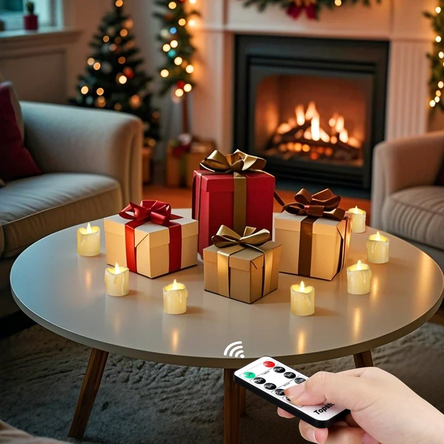 Alt view image 4 of 7 - Flickering Flameless LED Tea Lights, Dimmable Battery Operated Fake Candles with Dual Remotes, Steady & Flicker Modes, 12 Pack Bulk for Christmas Halloween Holiday Decor