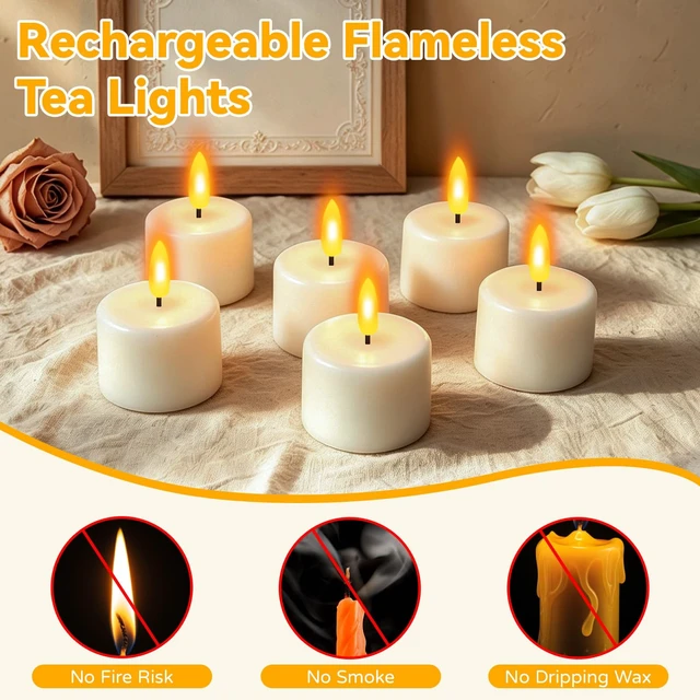 Alt view image 2 of 7 - Rechargeable Real Wax Tea Lights Flameless Candles with Remote Timer, LED Tea Lights Candles Battery Operated Tealights for Centerpiece Table Decorations, Anniversary, Halloween, Christmas (12 Pack)
