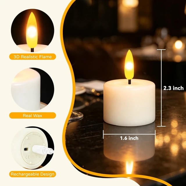 Alt view image 3 of 7 - Rechargeable Real Wax Tea Lights Flameless Candles with Remote Timer, LED Tea Lights Candles Battery Operated Tealights for Centerpiece Table Decorations, Anniversary, Halloween, Christmas (12 Pack)