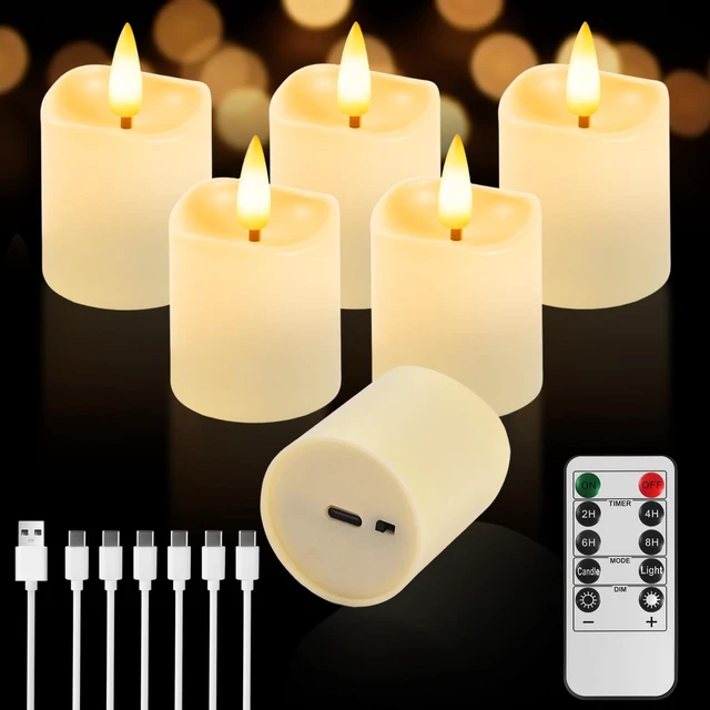 Main image of Flameless Candles with Remote Timer, Rechargeable LED Tea Lights, 6 Pack | 100H Runtime, Flicker/Steady Modes, 2/4/6/8H Timer, Warm White Glow for Halloween Christmas Wedding Birthday Party Decor