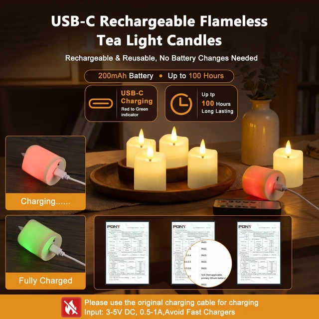 Alt view image 4 of 7 - Flameless Candles with Remote Timer, Rechargeable LED Tea Lights, 6 Pack | 100H Runtime, Flicker/Steady Modes, 2/4/6/8H Timer, Warm White Glow for Halloween Christmas Wedding Birthday Party Decor